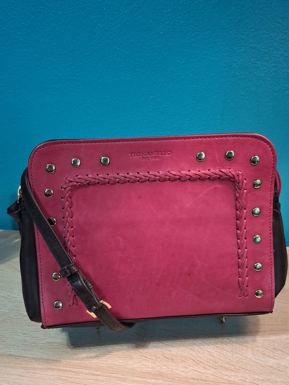 Tignanello Mojave Hot Pink Braided Studded Leather Crossbody Vintage